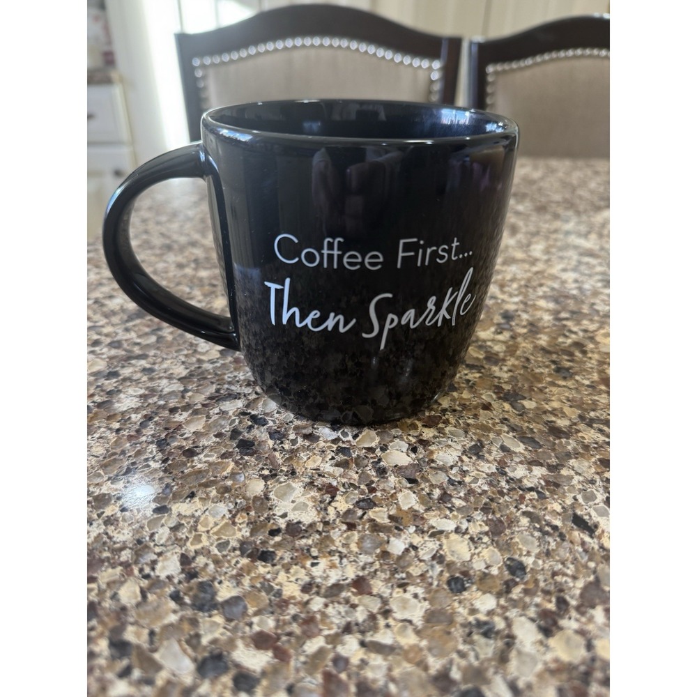 Coffee First Then Sparkle Black Ceramic Mug Inspirational Quote Coffee Cup 12 oz